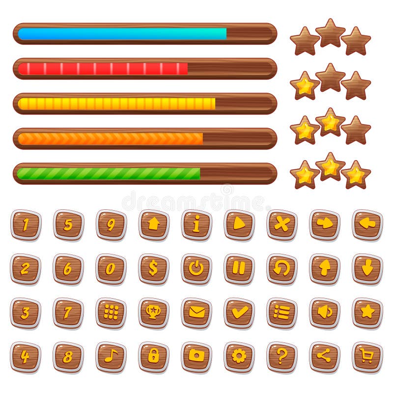Beni di legno del gioco del fumetto, corredo semplice per sviluppo di ui del gioco, elementi del GUI di vettore royalty illustrazione gratis Beni di legno del gioco del fumetto, corredo semplice per sviluppo di ui del gioco, elementi del GUI di vettore royalty illustrazione gratis