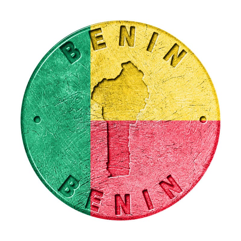 Benin-flagga-knapp med karta royaltyfri illustrationer