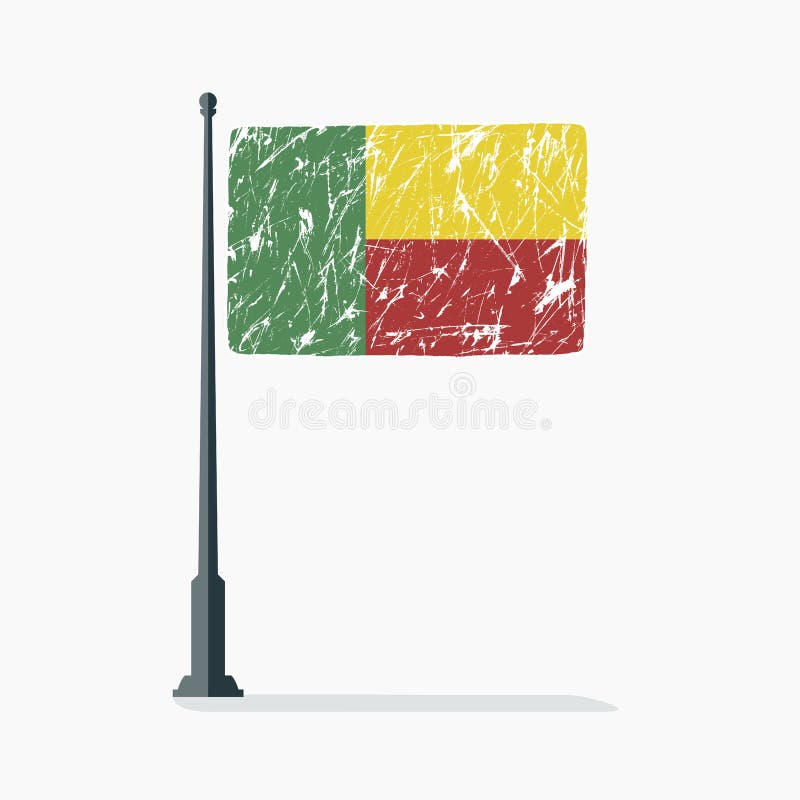 Benin-flagga med repor, Benin-vektorflagga på flaggpolen med skugga royaltyfri illustrationer