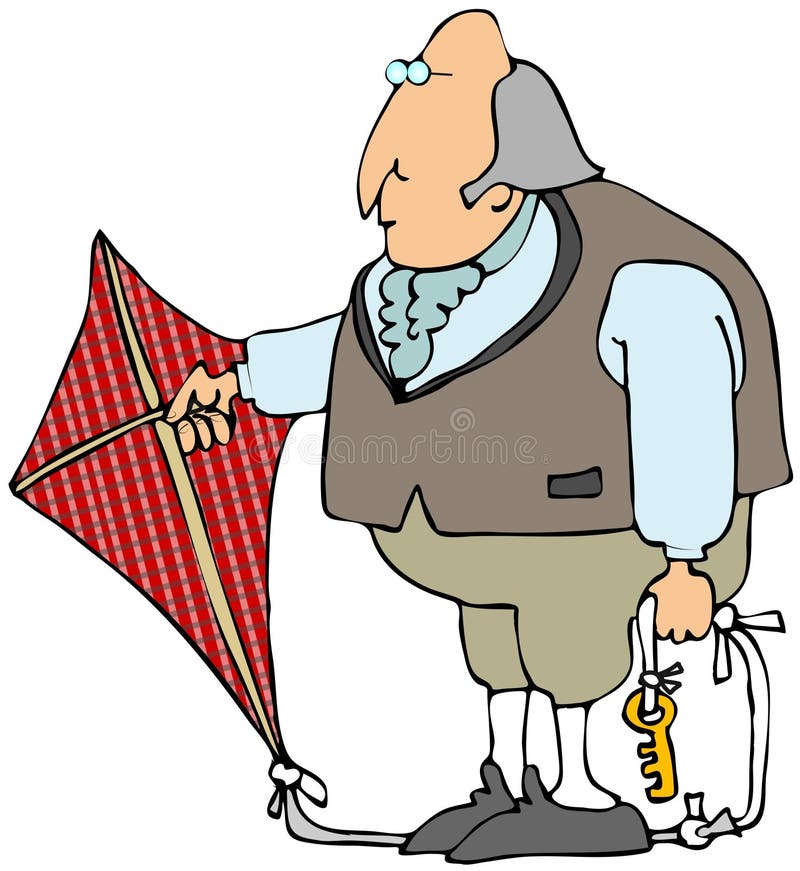 This illustration depicts Benjamin Franklin holding a kite with a key attached to the tail for his electricity experiment.