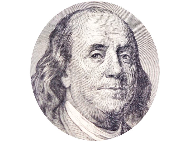 Benjamin Franklin face in ellipse on 100 dollar bill o white background. royalty free stock photography Benjamin Franklin face in ellipse on 100 dollar bill o white background. royalty free stock photography