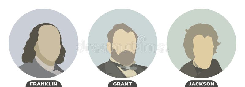 Benjamin Franklin, Ulysses S. Grant and Andrew Jackson, politicians and Presidents of the United States of America. Stylized portraits. Vector illustration on a white background. Benjamin Franklin, Ulysses S. Grant and Andrew Jackson, politicians and Presidents of the United States of America. Stylized portraits. Vector illustration on a white background