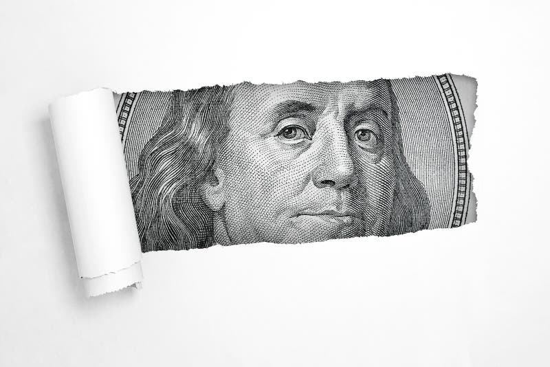 Benjamin franklin on a hundred dollar bill in the hole of torn white paper extreme closeup. 3d rendering. Benjamin franklin on a hundred dollar bill in the hole of torn white paper extreme closeup. 3d rendering