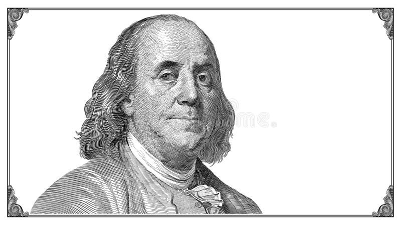 Benjamin Franklin portrait with frame on white background. Vector drawing. Benjamin Franklin portrait with frame on white background. Vector drawing