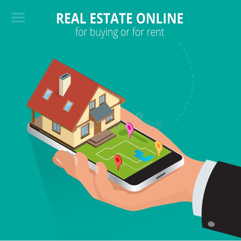 Bens imobiliários em linha para comprar ou para o aluguel O homem que trabalha com smartphone está procurando uma casa para compr ilustração do vetor Bens imobiliários em linha para comprar ou para o aluguel O homem que trabalha com smartphone está procurando uma casa para compr ilustração do vetor
