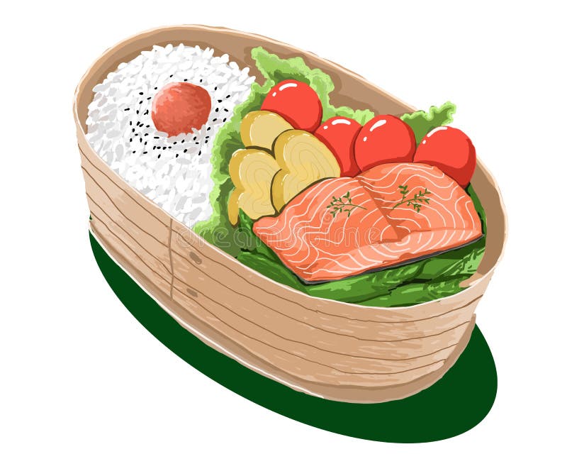 Bento Lunch Box Salmon and Eggs Fried with White Background