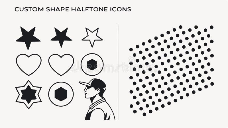 Benutzerdefinierte Form halftone Symbole moderne grafische Gestaltungselemente für kreative Projekte Vektordesign Generative AI. Modernes grafisches Vektordesign von individuell gestalteten Halftone-Icons, die eine Vielzahl von Formen für kreative Zwecke bieten. Ideal für zeitgenössische Designs Benutzeroberflächen und Projekte, die vielseitig anpassbare visuelle Elemente benötigen Vektordesign Generative AI
