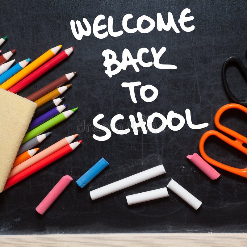 Welcome back to school. School tools around. Blackboard background. Welcome back to school. School tools around. Blackboard background.