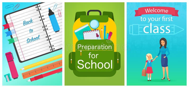 Benvenuto di nuovo al modello di concetto della scuola Il taccuino dell'attrezzatura di scuola, lo zaino e l'insegnante della don illustrazione vettoriale Benvenuto di nuovo al modello di concetto della scuola Il taccuino dell'attrezzatura di scuola, lo zaino e l'insegnante della don illustrazione vettoriale