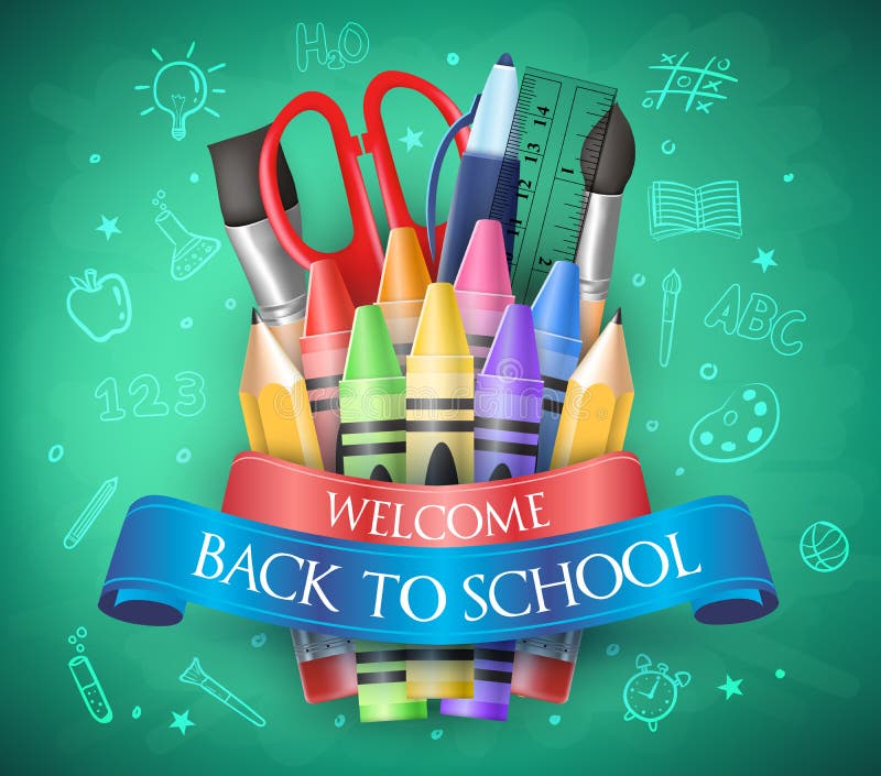 Benvenuto di nuovo alla scuola con il nastro, i pastelli e gli elementi della scuola royalty illustrazione gratis Benvenuto di nuovo alla scuola con il nastro, i pastelli e gli elementi della scuola royalty illustrazione gratis