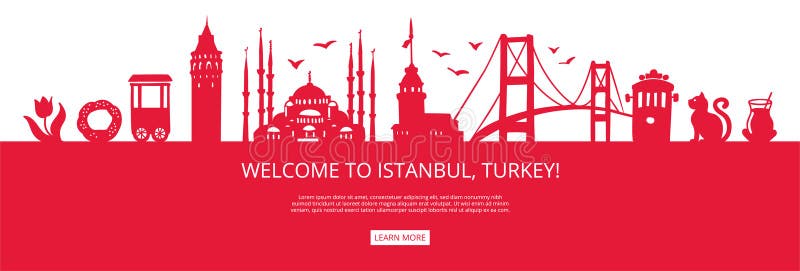 Benvenuto a istanbul turchia! silhouette, città rossa e famosi paesaggi turchi. royalty illustrazione gratis