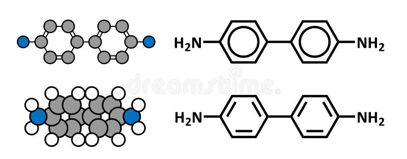 Benzidine (4,4’-diaminobiphenyl) chemical. Highly carcinogenic. Used in production of dyes royalty free illustration