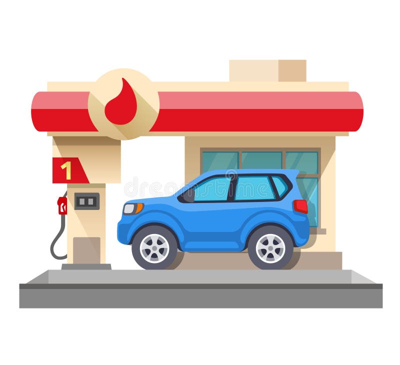 Flat vector illustration gas station and car isolated on white background. Flat vector illustration gas station and car isolated on white background
