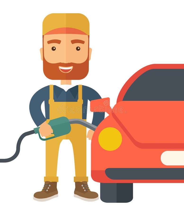 A happy hipster gasoline boy filling up fuel into the car. A Contemporary style. flat design illustration isolated white background. Square layout. A happy hipster gasoline boy filling up fuel into the car. A Contemporary style. flat design illustration isolated white background. Square layout