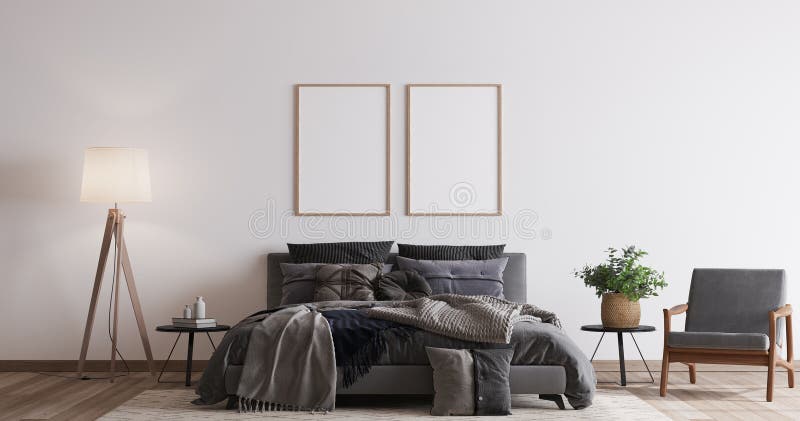 Bequemes Schlafzimmer mit der Modellentwurfs des Holzrahmens zwei dunklem Bett auf weißem Wandhintergrund