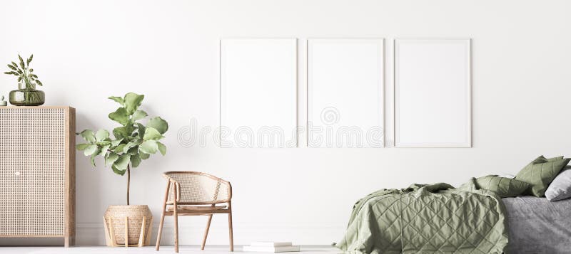 Bequemes Schlafzimmer mit drei vertikalen Rahmen im hellen Entwurfsplakatspott auf weißen Wand