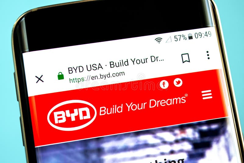 Berdyansk, Ukraine - 30 May 2019: BYD website homepage. BYD logo visible on the phone screen stock image Berdyansk, Ukraine - 30 May 2019: BYD website homepage. BYD logo visible on the phone screen stock image