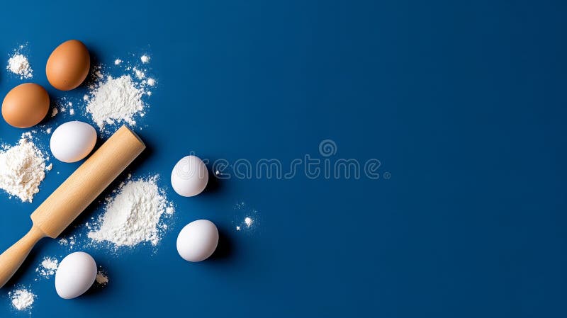 Bakningsartiklar på blå bakgrund med ägg, mjöl och kavel stock illustrationer