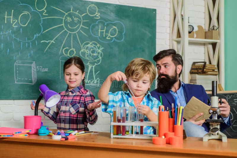 Ready for his final exam. Science and education. chemistry lab. back to school. happy children teacher. Laboratory Research - Scientific project For Chemical test. School chemistry laboratory.