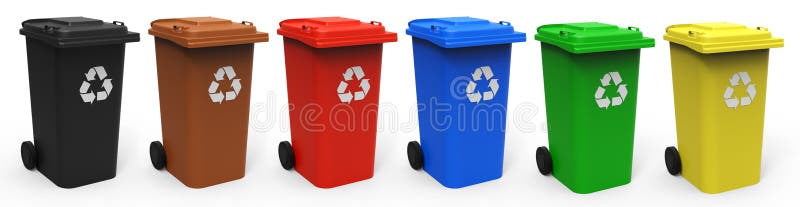 Different colors recycle bins isolated on white background 3D rendering. Different colors recycle bins isolated on white background 3D rendering