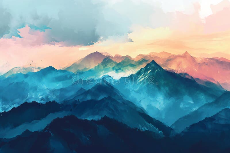 Berg i molnen: digitalfärgning av bergslandskapet stock illustrationer