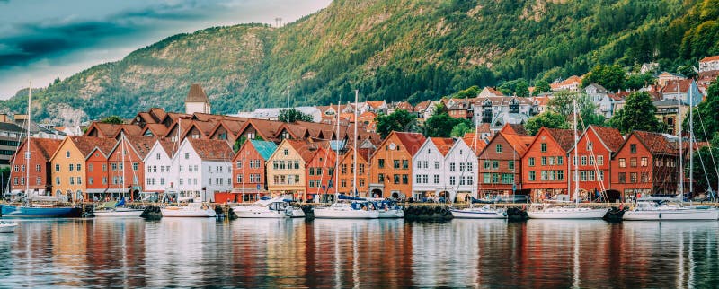 Bergen, Norway. View Of Historical Buildings Houses In Bryggen - Hanseatic Wharf In Bergen, Norway. UNESCO World Heritage Site. Famous Landmark. Destination Scenic. Bergen, Norway. View Of Historical Buildings Houses In Bryggen - Hanseatic Wharf In Bergen, Norway. UNESCO World Heritage Site. Famous Landmark. Destination Scenic