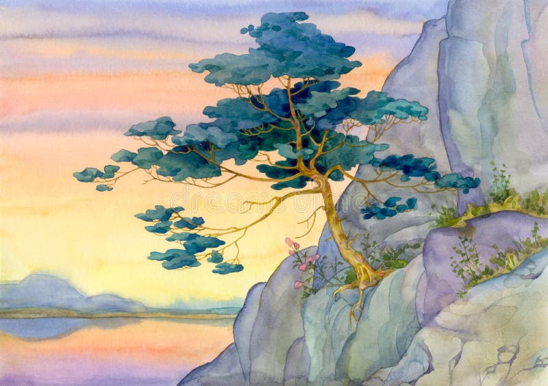 Berget sörjer för en tyst rosa solnedgång över sjön vektor illustrationer Berget sörjer för en tyst rosa solnedgång över sjön vektor illustrationer