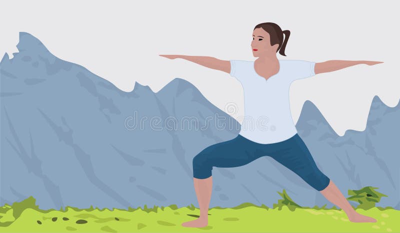 Berglandschaftshintergrund und eine Frau, die Yogaübung tut vektor abbildung Berglandschaftshintergrund und eine Frau, die Yogaübung tut vektor abbildung