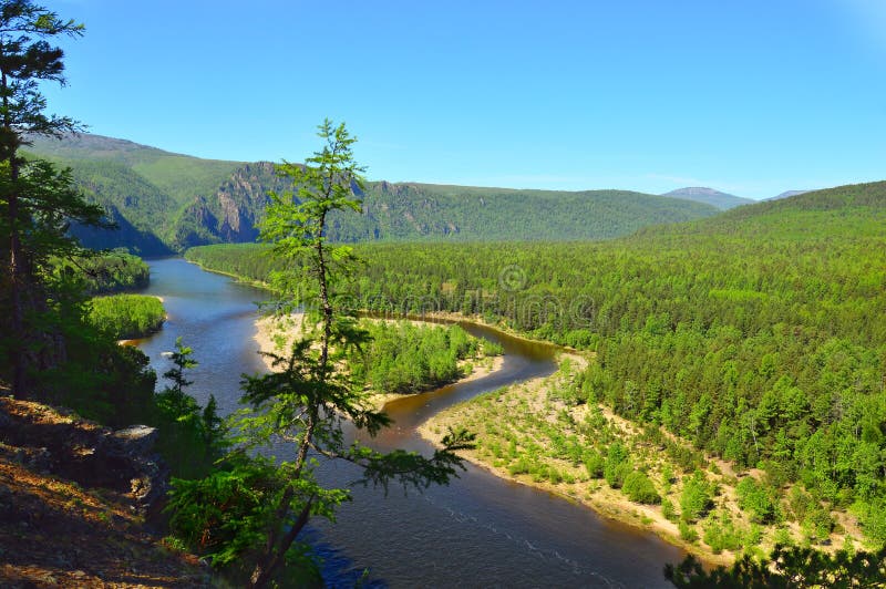 Bergsikt av bergfloden Sommarlandskap av den lösa naturen Östliga Sibirien, Ryssland royaltyfria bilder Bergsikt av bergfloden Sommarlandskap av den lösa naturen Östliga Sibirien, Ryssland royaltyfria bilder