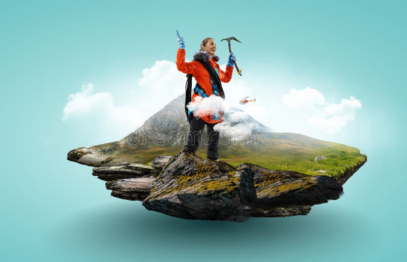 Bergsklättrare når toppen av ett snöberg royaltyfri illustrationer