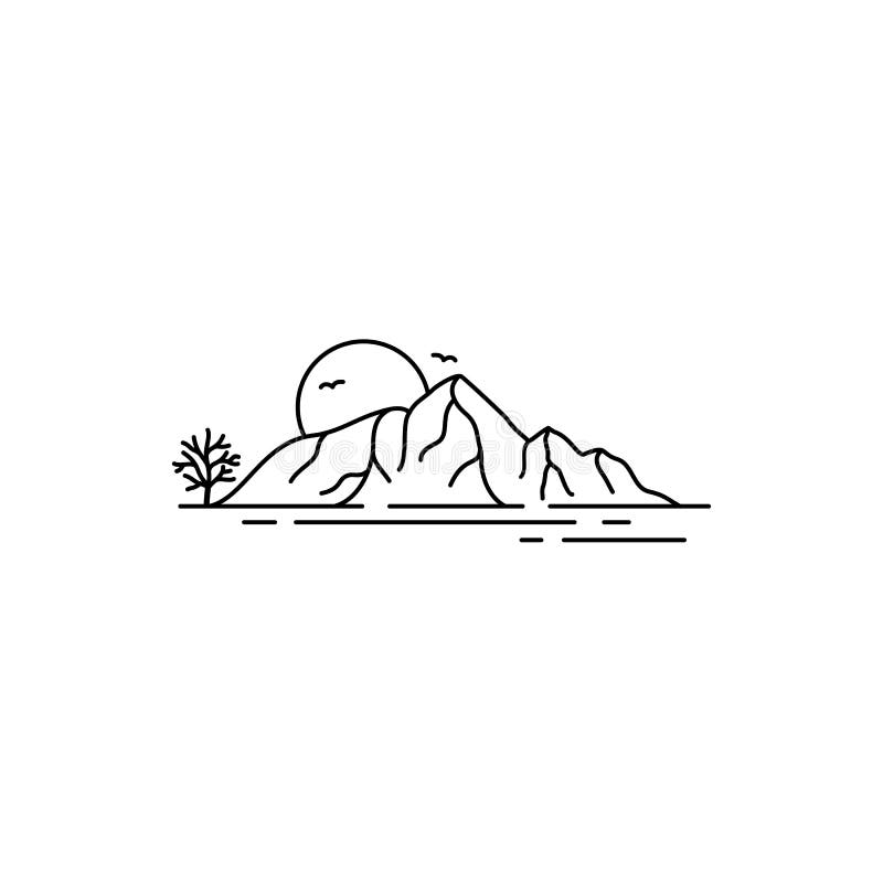Bergspitzehügel mit Sonnenunterganginselseestrand-Seeozean. Linie Kunstartlogoentwurf