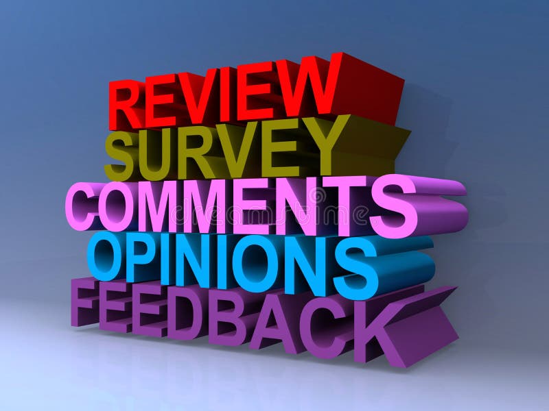 Review survey comments opinions feedback on blue background. Review survey comments opinions feedback on blue background