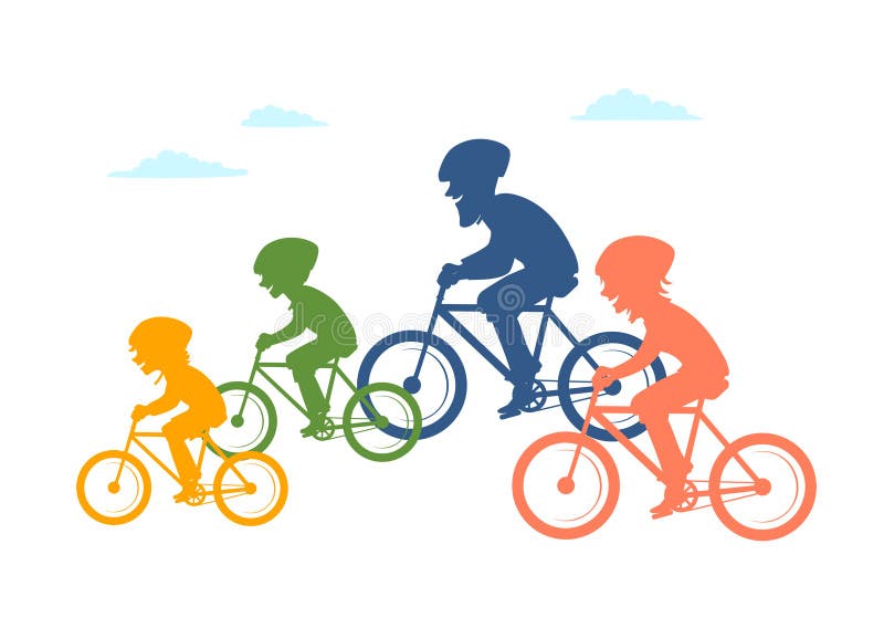 Berijdende de fietsenfietsen van de beeldverhaalfamilie, die samen geïsoleerde vectorillustratie kleurrijke silhouetten cirkelen stock illustratie Berijdende de fietsenfietsen van de beeldverhaalfamilie, die samen geïsoleerde vectorillustratie kleurrijke silhouetten cirkelen stock illustratie
