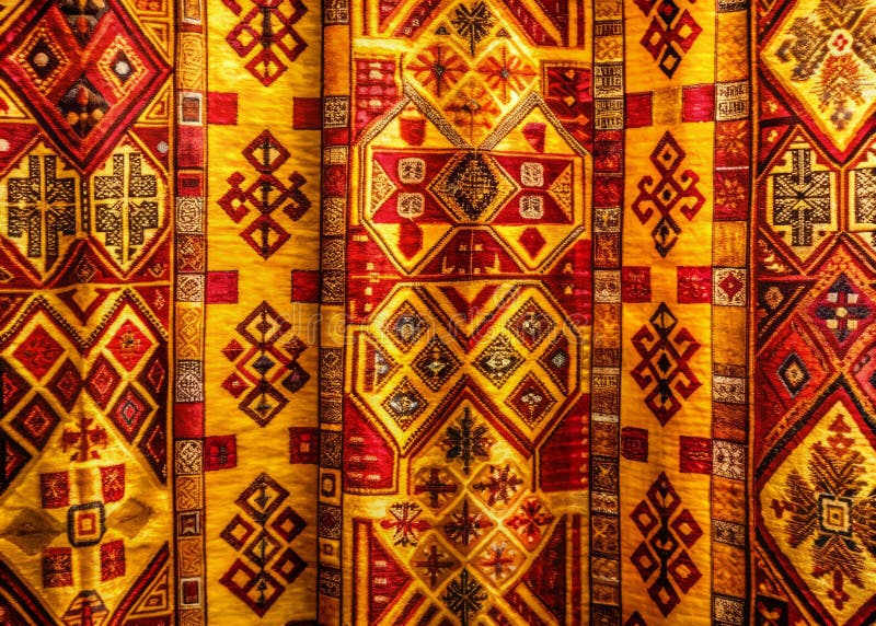 Berikande årgång med gamla gardinsymboler och geometriska symboler i vibrant gult och rött royaltyfri illustrationer