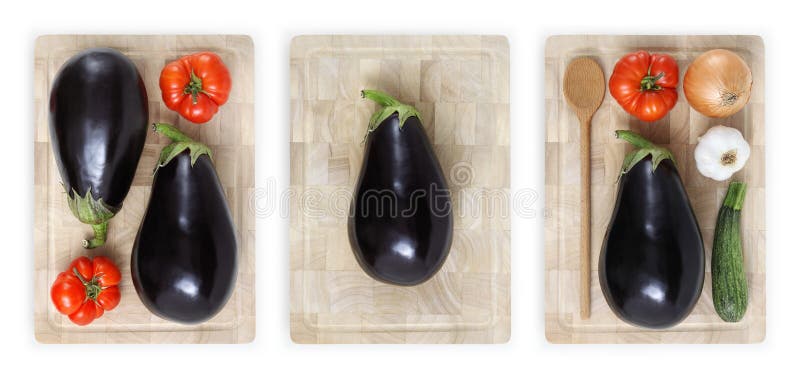 Beringelas, tomates, abobrinha, alho e cebola no cuttin de madeira imagem de stock royalty free Beringelas, tomates, abobrinha, alho e cebola no cuttin de madeira imagem de stock royalty free
