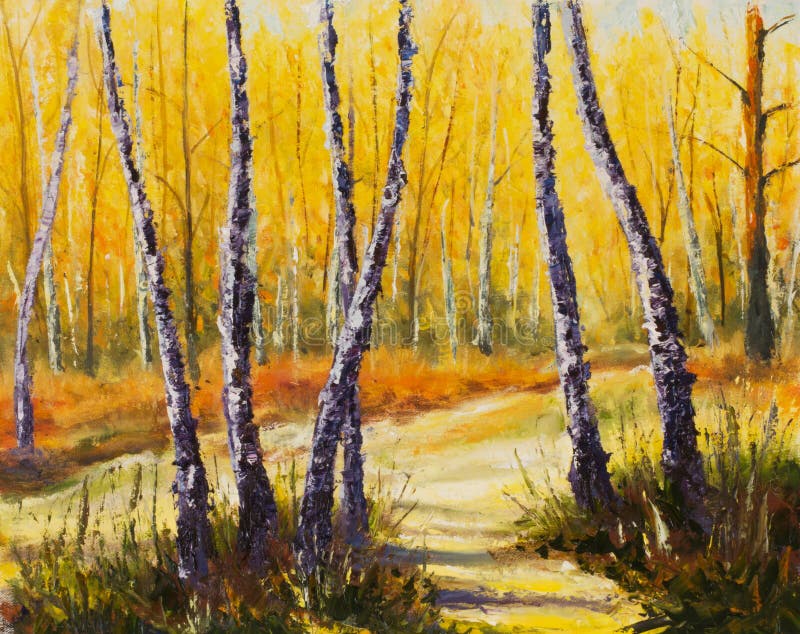 Berkbomen in een zonnig boskunstwerk van het Paletmes Impressionisme Art stock illustratie Berkbomen in een zonnig boskunstwerk van het Paletmes Impressionisme Art stock illustratie