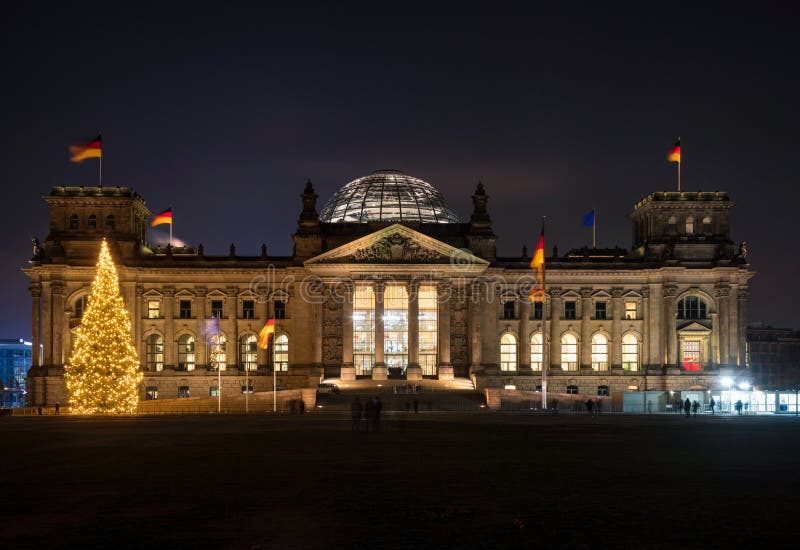 Christmas tree at Reichstag building at night Central Berlin Germany