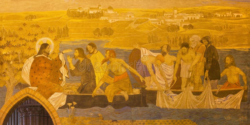 BERLIN, GERMANY, FEBRUARY - 16, 2017: The fresco of Miracle Fishing in St. Pauls evengelical church. By workroom Gathemann stock photography BERLIN, GERMANY, FEBRUARY - 16, 2017: The fresco of Miracle Fishing in St. Pauls evengelical church. By workroom Gathemann stock photography