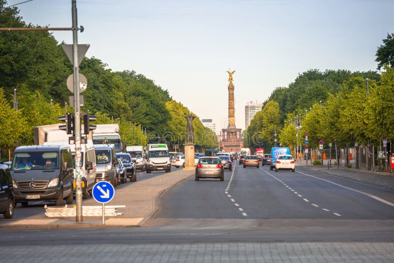 Berlin, Germany - June 15, 2017: Street of Berlin with the Victory Column in Germany. Berlin is the capital and the largest city of Germany with a population of approximately 3.7 million people.