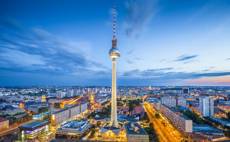 Berlin skyline with TV tower at Alexanderplatz at dusk, Germany