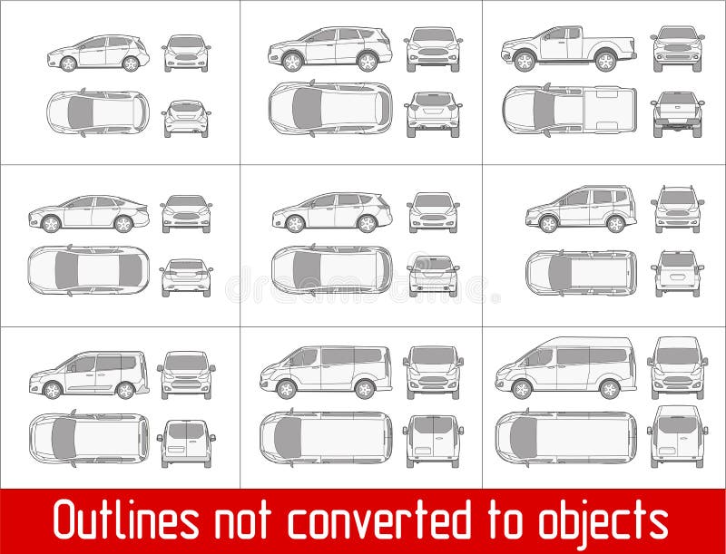 Berline de voiture et suv et fourgon que tout le dessin de vue décrit non converti en objets Berline de voiture et suv et fourgon que tout le dessin de vue décrit non converti en objets
