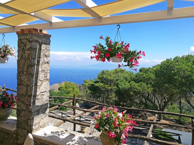 Beroemde Faraglioni-klippen en Thyrreense Zee met bloemen, Capri-eiland, Italië royalty-vrije stock afbeelding Beroemde Faraglioni-klippen en Thyrreense Zee met bloemen, Capri-eiland, Italië royalty-vrije stock afbeelding
