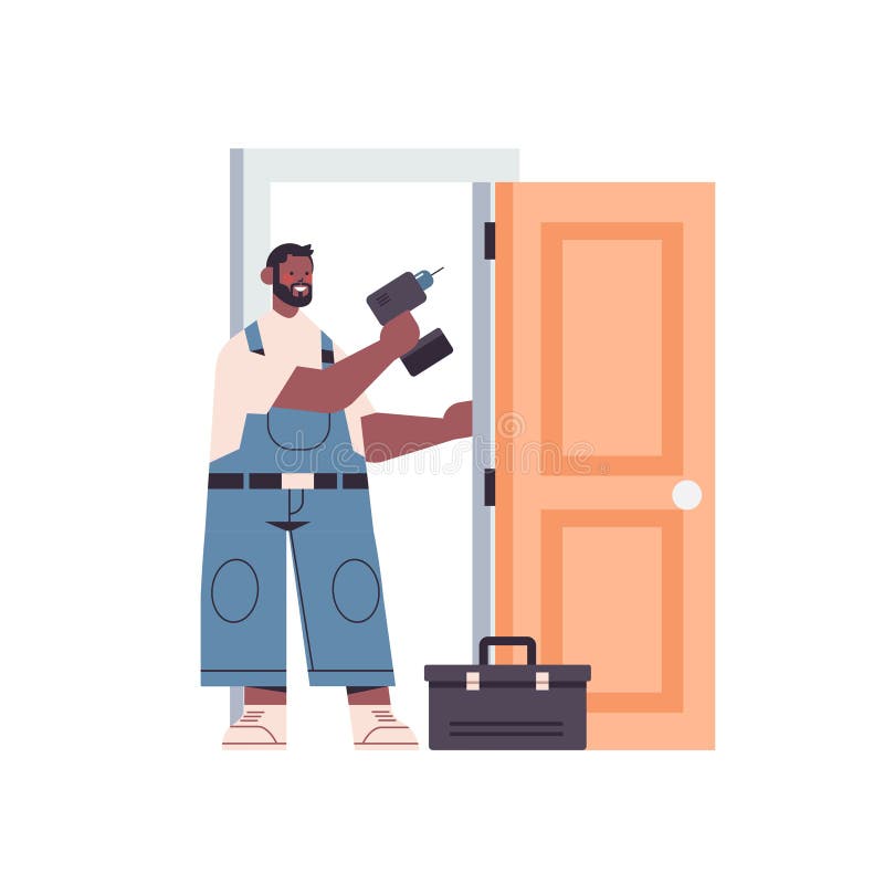 professional african american handyman in uniform installing door with electric hand drill repair service renovation concept full length isolated vector illustration. professional african american handyman in uniform installing door with electric hand drill repair service renovation concept full length isolated vector illustration