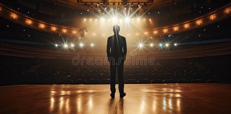 Professional Demeanor: Businessman Stands Tall in Commanding Auditorium Setting, positive vibes of success. Professional Demeanor: Businessman Stands Tall in Commanding Auditorium Setting, positive vibes of success