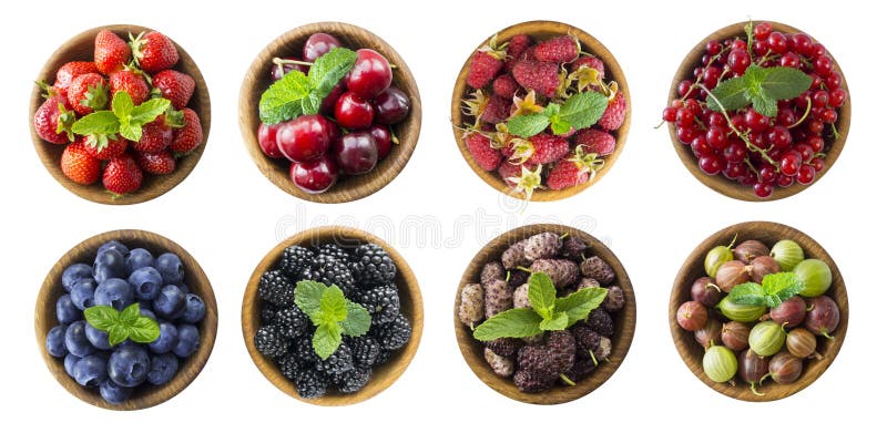 Berries and fruits isolated on white background. Collage of different fruits and berries. Raspberry, strawberry, currant, cherry