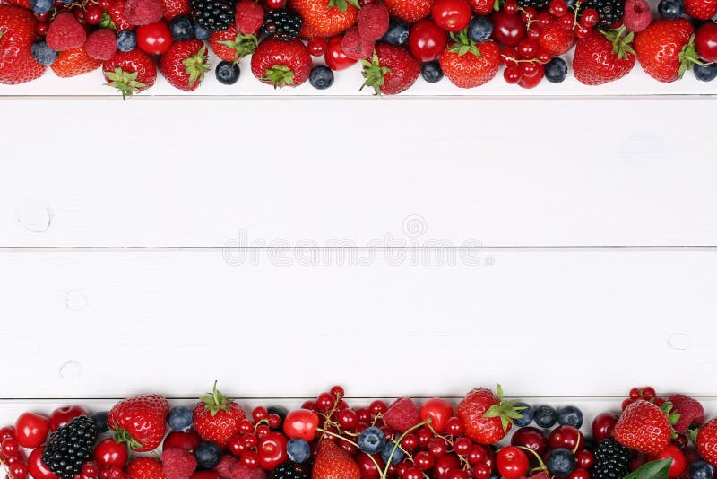 Berry fruits frame with strawberries, raspberries, cherries and