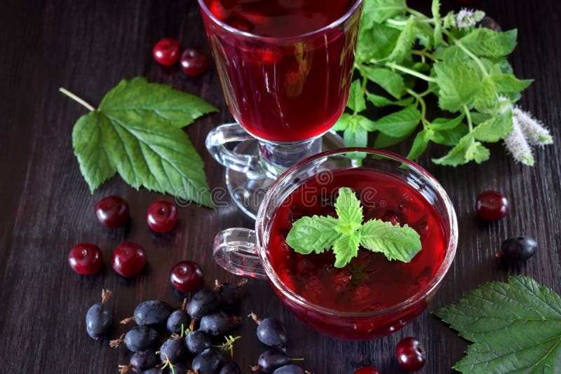 Berry Kissel in a Glass Cup Topped with Mint Stock Photo - Image of ...