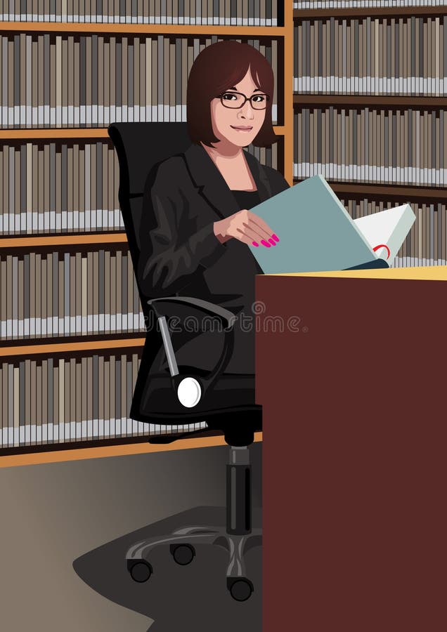 Illustration of a female secretary sitting behind a desk, reading a file. Illustration of a female secretary sitting behind a desk, reading a file.