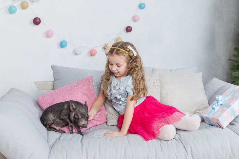Berättelse för nytt år och julom lite flicka i festliga kläder och mini- svin Litet svinsymbol av 2019 _ royaltyfri foto Berättelse för nytt år och julom lite flicka i festliga kläder och mini- svin Litet svinsymbol av 2019 _ royaltyfri foto