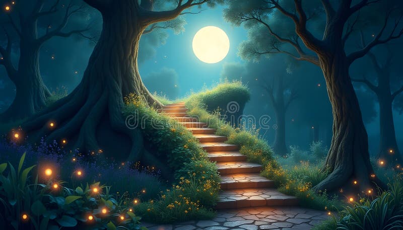 Berömd moonlit-fantasykonst för skogstrappor vektor illustrationer